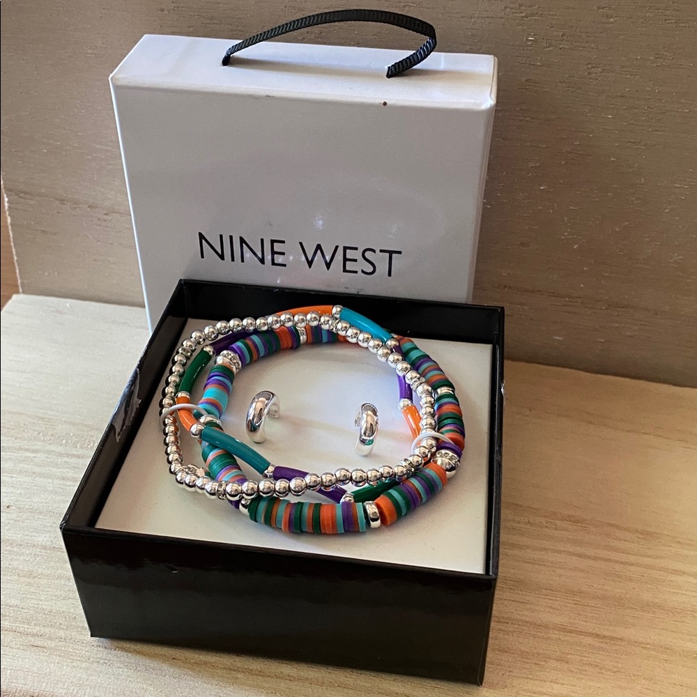 Nine West Colorful Beaded Bracelet Set with Silver Hoop earrings